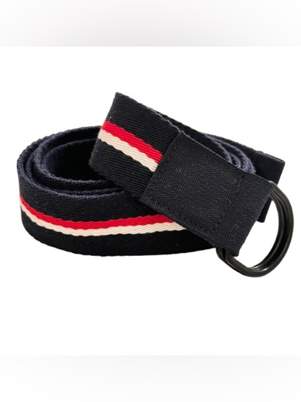 Tommy Hilfiger- Men's Navy Canvas Belt with Red and White Stripe. Size: 40